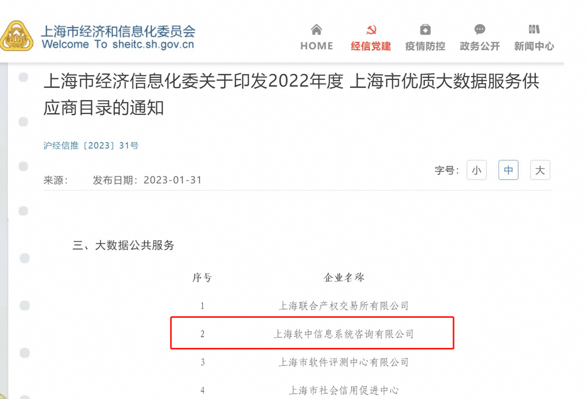 喜报 | 软中咨询列入2022年度上海市优质大数据服务供应商目录